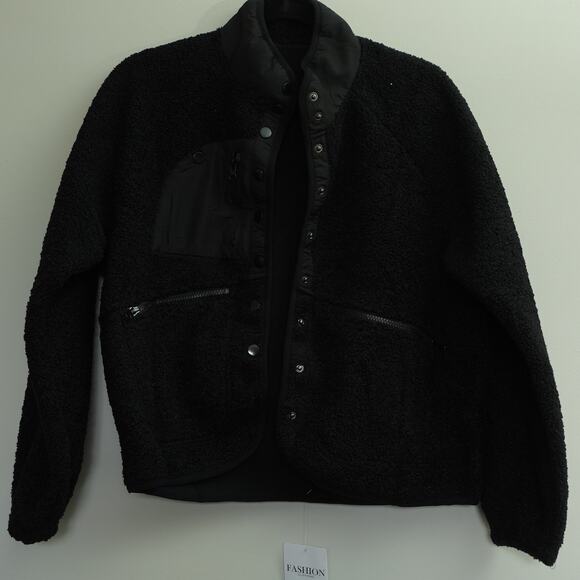 NWT Fashion Womens Snap Button Fleece Jacket Three Zipper Pockets Black Size S - Picture 3 of 9